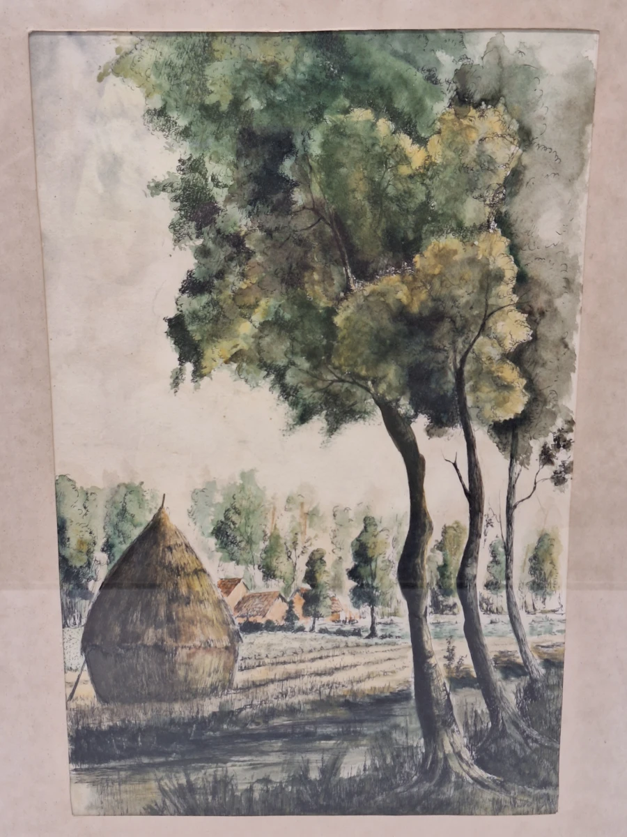landelijk landschap met hooimijt - aquarel, ca. 1920–1930 - J. Verhelst