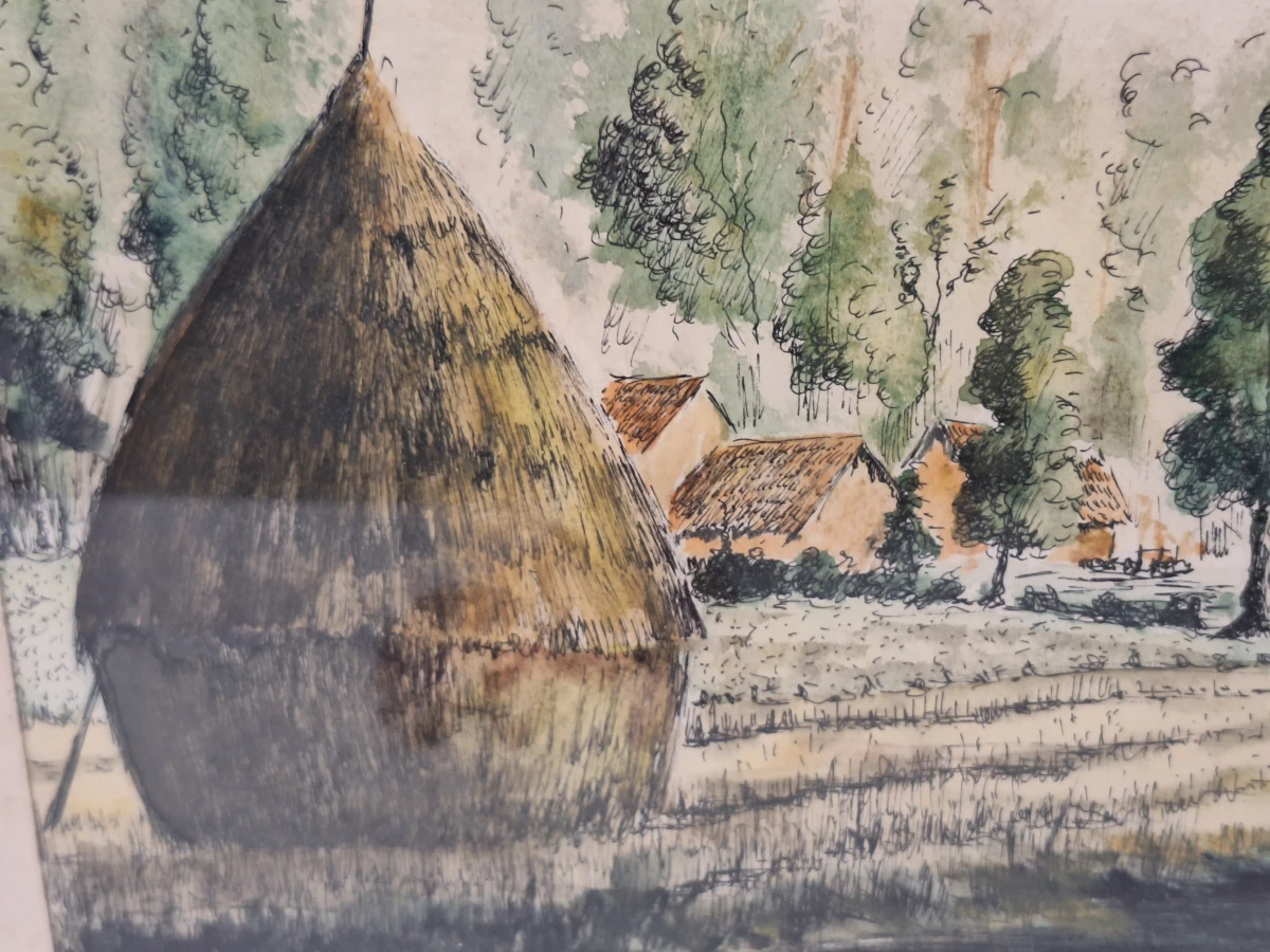 landelijk landschap met hooimijt - aquarel, ca. 1920–1930 - J. Verhelst