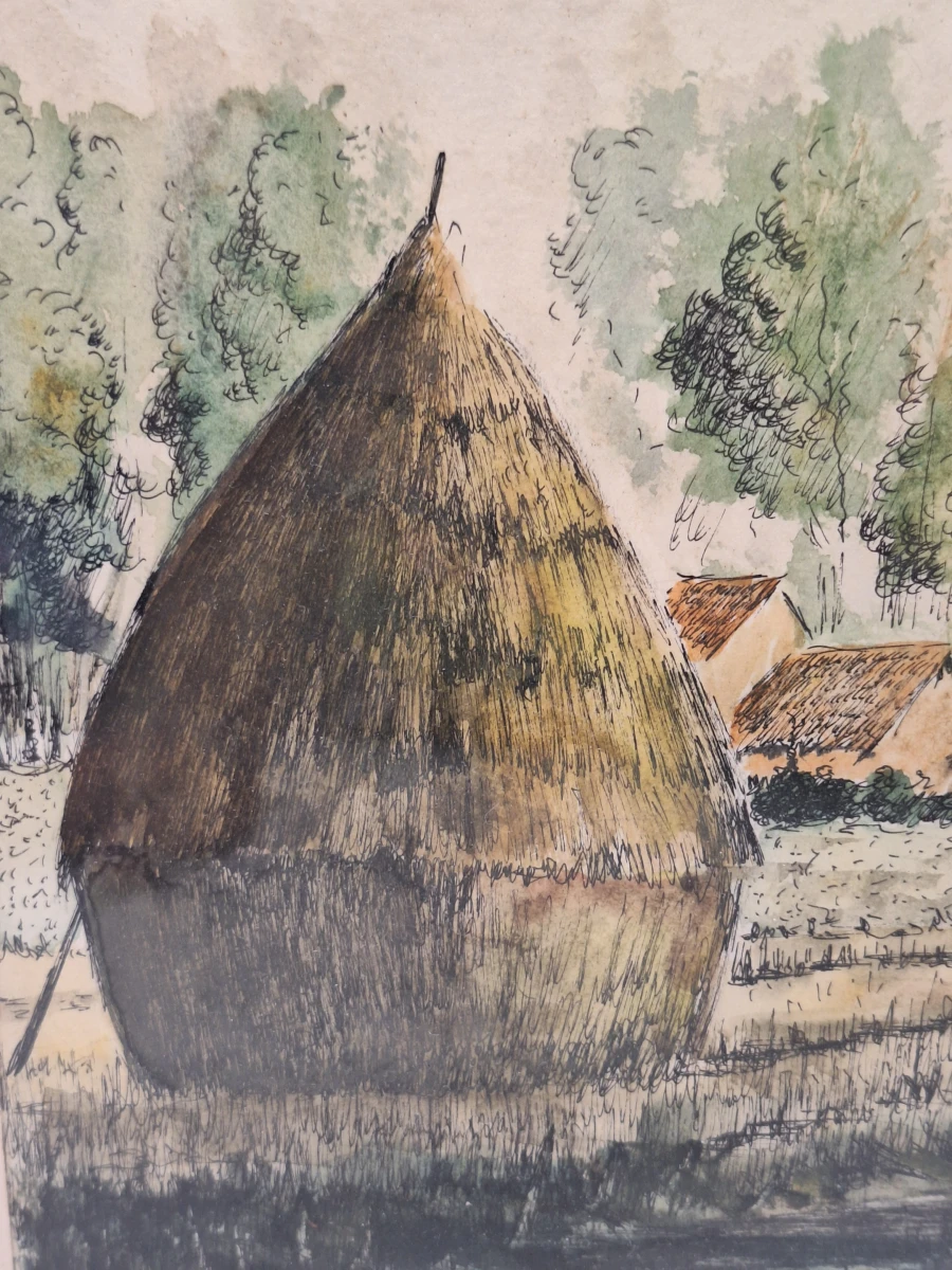 landelijk landschap met hooimijt - aquarel, ca. 1920–1930 - J. Verhelst