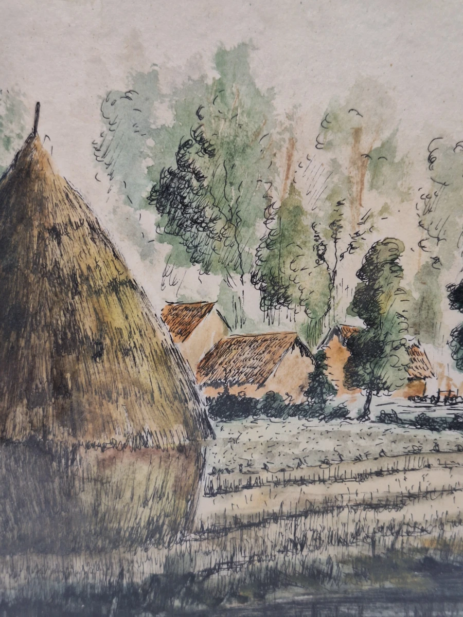 landelijk landschap met hooimijt - aquarel, ca. 1920–1930 - J. Verhelst