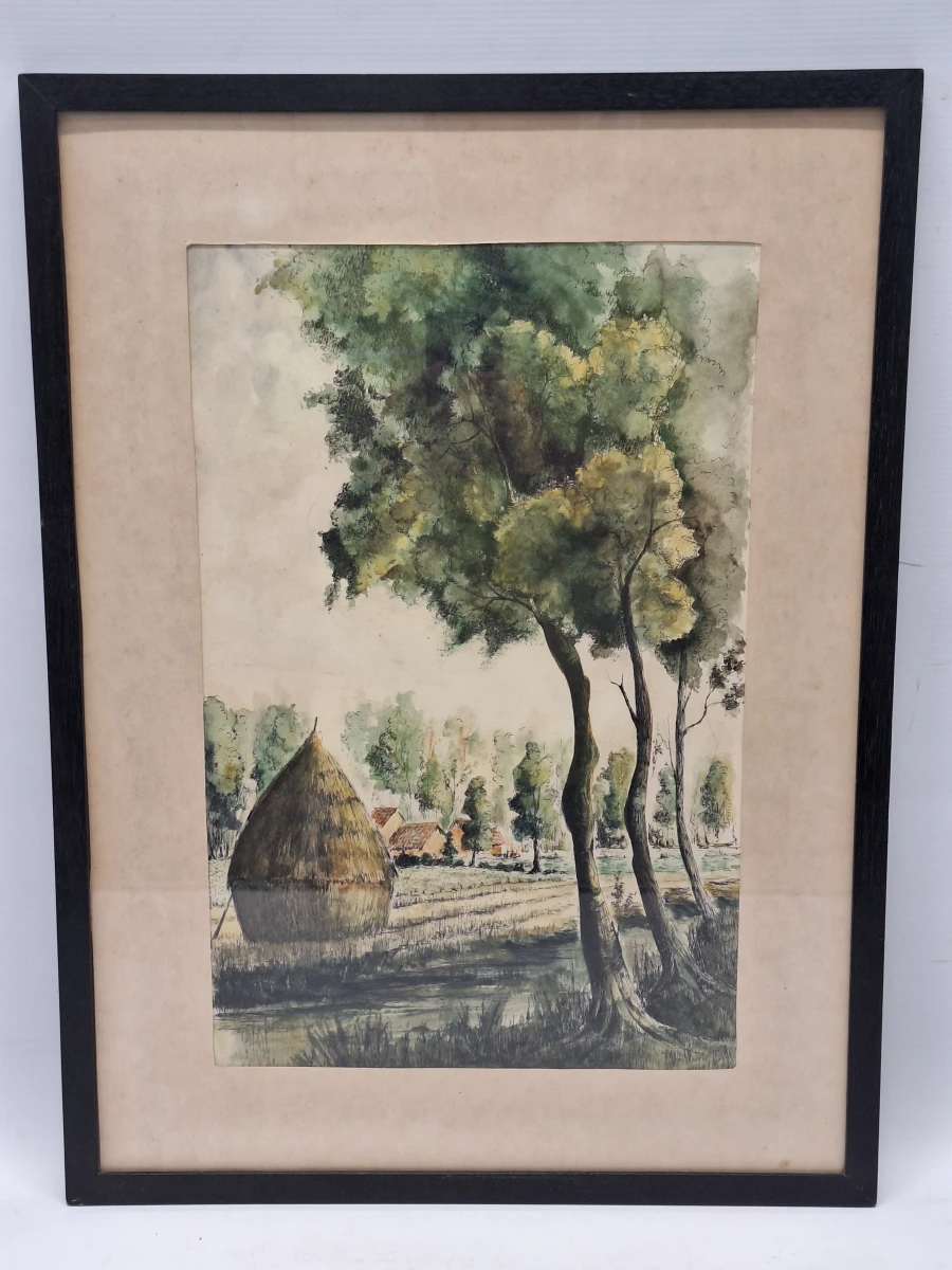 landelijk landschap met hooimijt - aquarel, ca. 1920–1930 - J. Verhelst