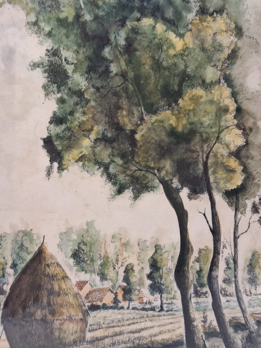 landelijk landschap met hooimijt - aquarel, ca. 1920–1930 - J. Verhelst