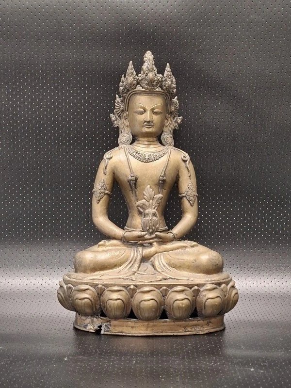 Bronzen Amitayus Boeddha op lotustroon - Tibetaanse/Nepalese stijl meditatiebeeld