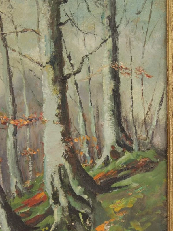 Emile Van Dromme (1913-1998) Olieverf op canvas van bosrijk landschap "Winterstemming"(1972) + enveloppe met persoonlijke foto's van de kunstenaar