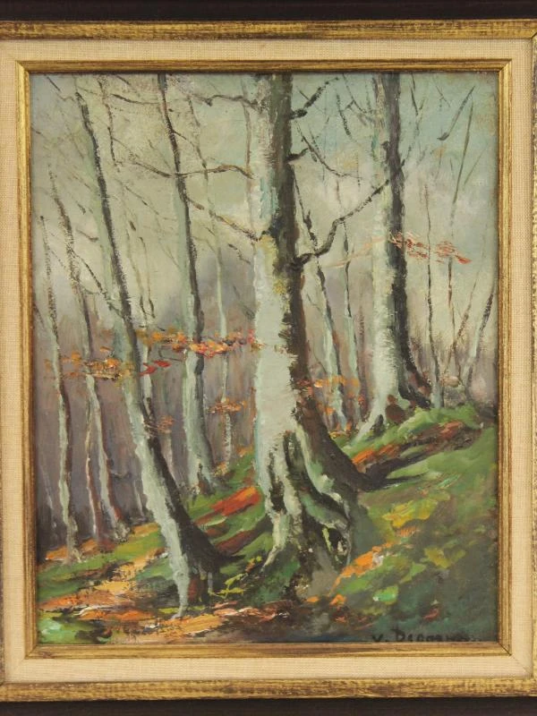 Emile Van Dromme (1913-1998) Olieverf op canvas van bosrijk landschap "Winterstemming"(1972) + enveloppe met persoonlijke foto's van de kunstenaar