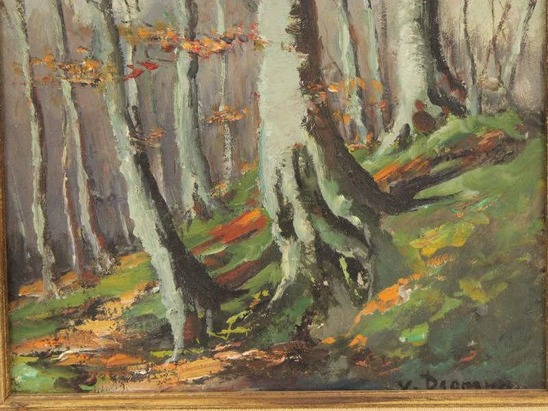 Emile Van Dromme (1913-1998) Olieverf op canvas van bosrijk landschap "Winterstemming"(1972) + enveloppe met persoonlijke foto's van de kunstenaar