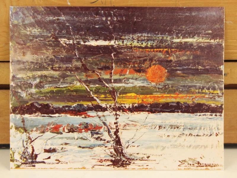 Emile Van Dromme (1913-1998) Olieverf op canvas van bosrijk landschap "Winterstemming"(1972) + enveloppe met persoonlijke foto's van de kunstenaar