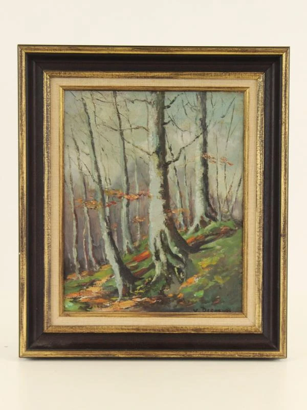 Emile Van Dromme (1913-1998) Olieverf op canvas van bosrijk landschap "Winterstemming"(1972) + enveloppe met persoonlijke foto's van de kunstenaar