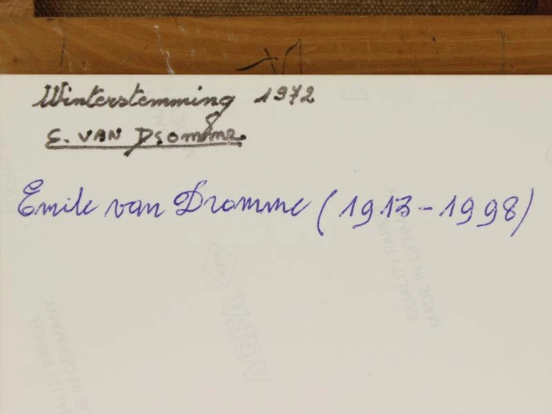 Emile Van Dromme (1913-1998) Olieverf op canvas van bosrijk landschap "Winterstemming"(1972) + enveloppe met persoonlijke foto's van de kunstenaar