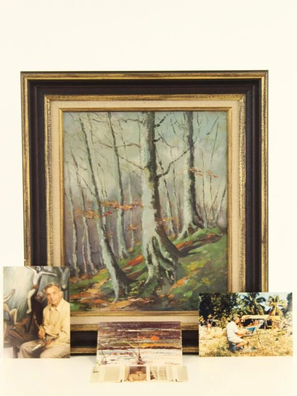 Emile Van Dromme (1913-1998) Olieverf op canvas van bosrijk landschap "Winterstemming"(1972) + enveloppe met persoonlijke foto's van de kunstenaar