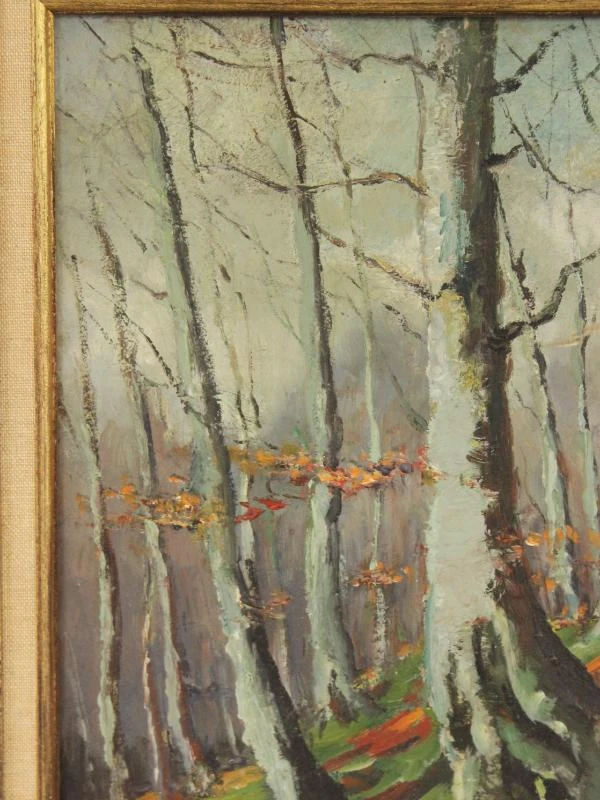 Emile Van Dromme (1913-1998) Olieverf op canvas van bosrijk landschap "Winterstemming"(1972) + enveloppe met persoonlijke foto's van de kunstenaar