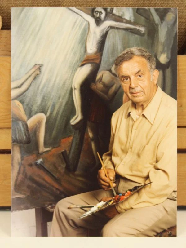 Emile Van Dromme (1913-1998) Olieverf op canvas van bosrijk landschap "Winterstemming"(1972) + enveloppe met persoonlijke foto's van de kunstenaar