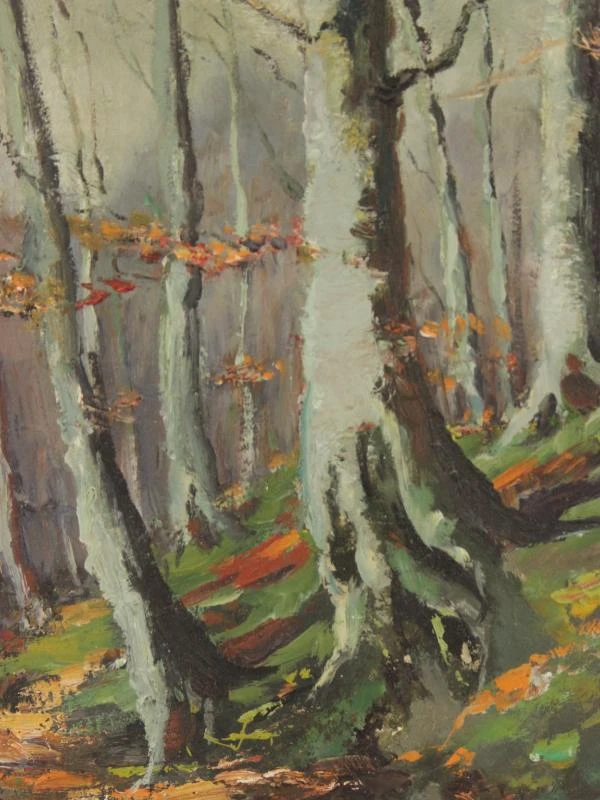 Emile Van Dromme (1913-1998) Olieverf op canvas van bosrijk landschap "Winterstemming"(1972) + enveloppe met persoonlijke foto's van de kunstenaar