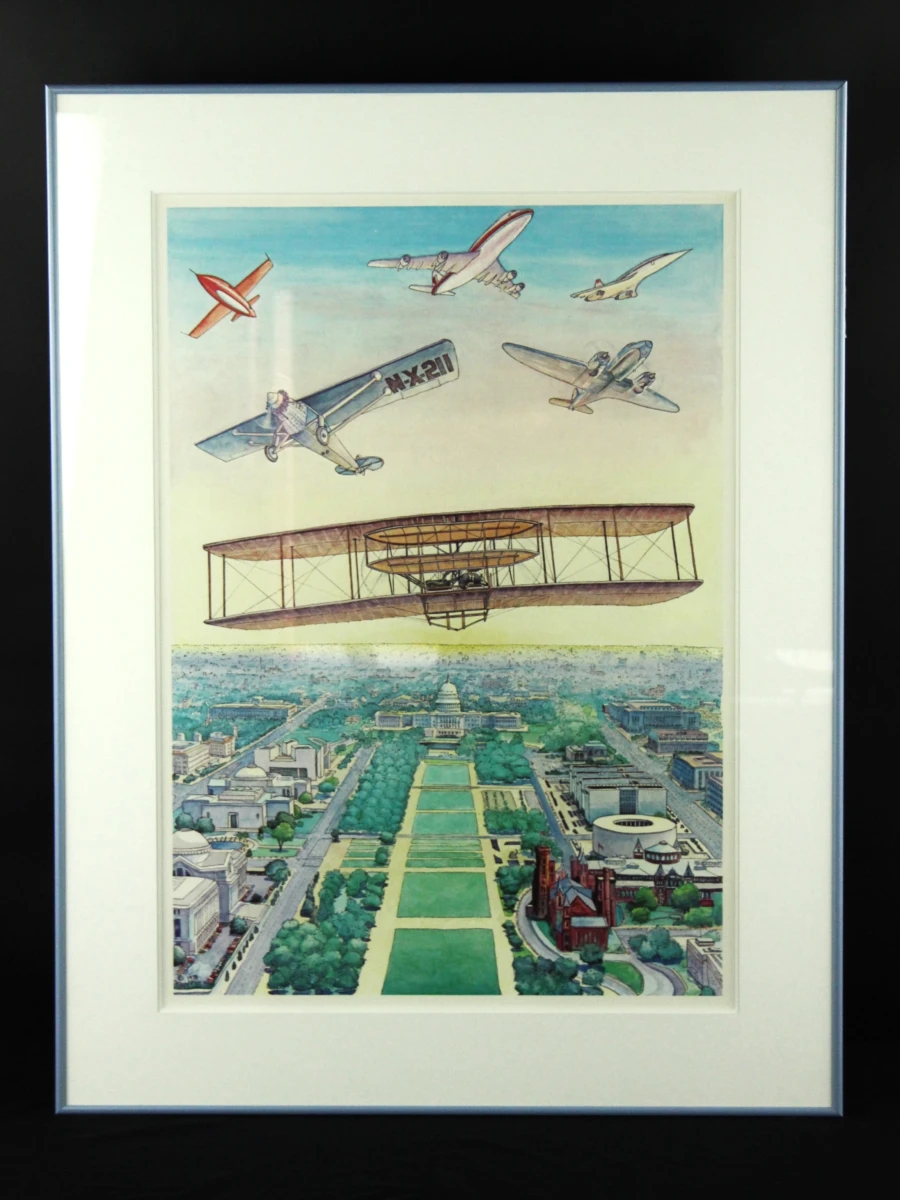 Vintage ingelijste luchtvaartposter "75 Years of Powered Flight" – Letizia Pitigliani (1978)