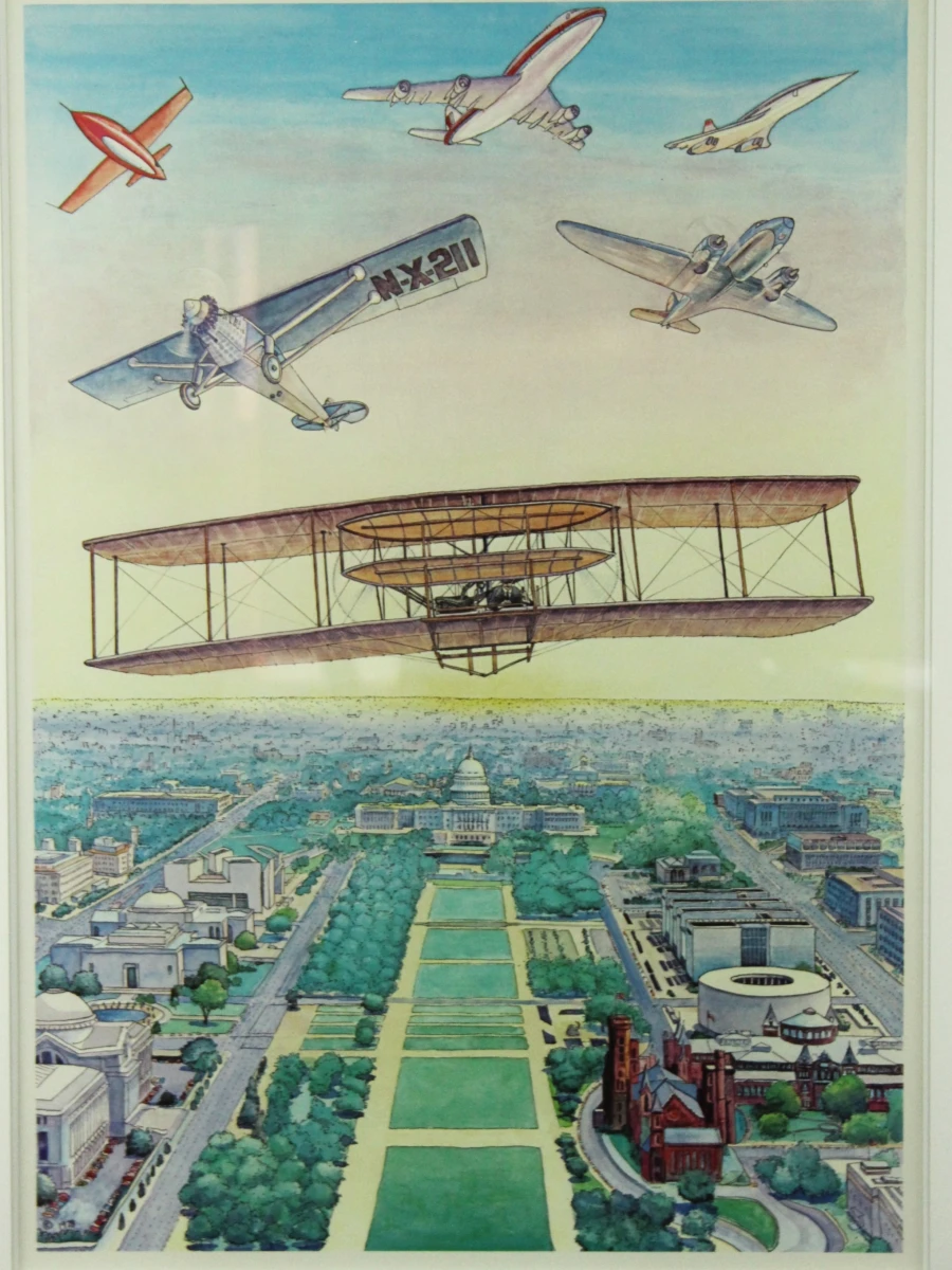 Vintage ingelijste luchtvaartposter "75 Years of Powered Flight" – Letizia Pitigliani (1978)