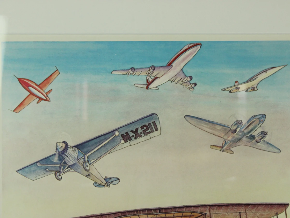 Vintage ingelijste luchtvaartposter "75 Years of Powered Flight" – Letizia Pitigliani (1978)