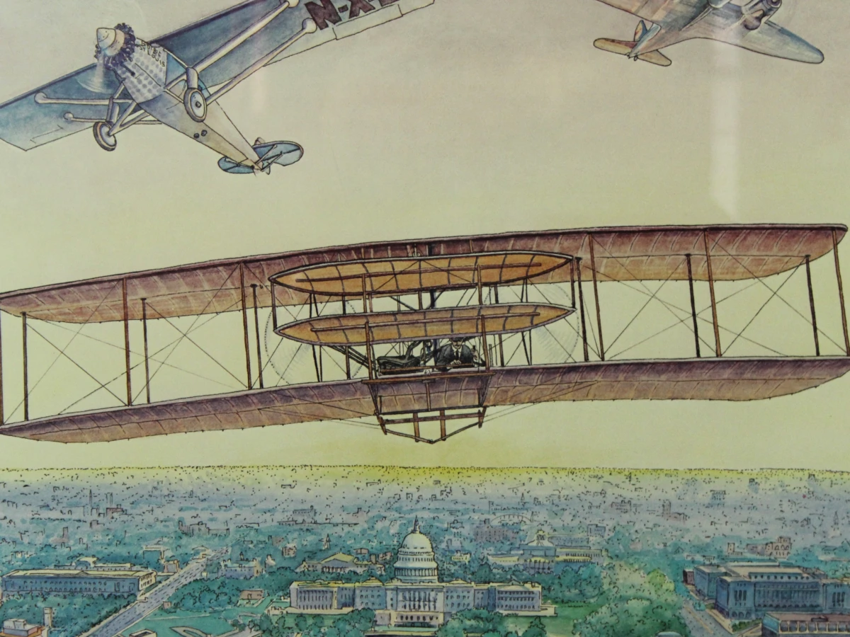 Vintage ingelijste luchtvaartposter "75 Years of Powered Flight" – Letizia Pitigliani (1978)