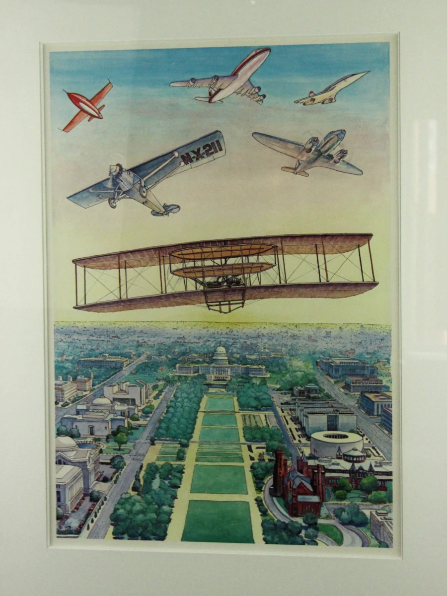 Vintage ingelijste luchtvaartposter "75 Years of Powered Flight" – Letizia Pitigliani (1978)