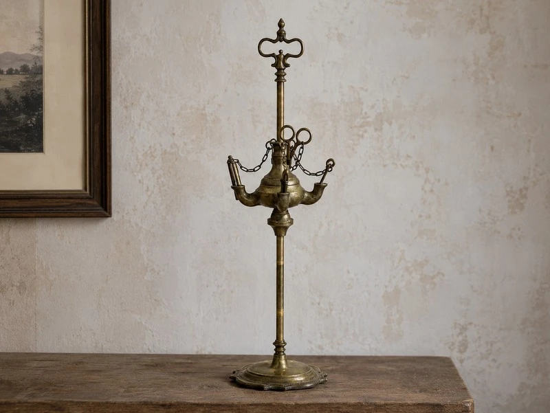 Antieke Italiaanse messing Lucerna olielamp met originele accessoires