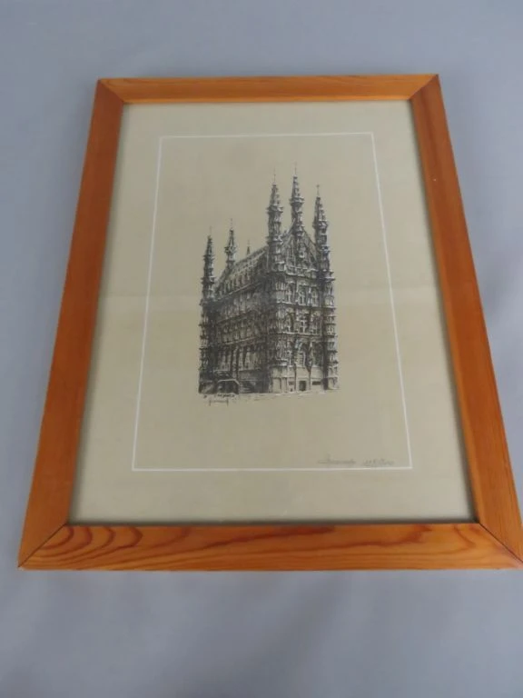 Gesigneerde litho van een historisch gebouw in houten lijst