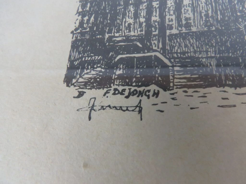 Gesigneerde litho van een historisch gebouw in houten lijst