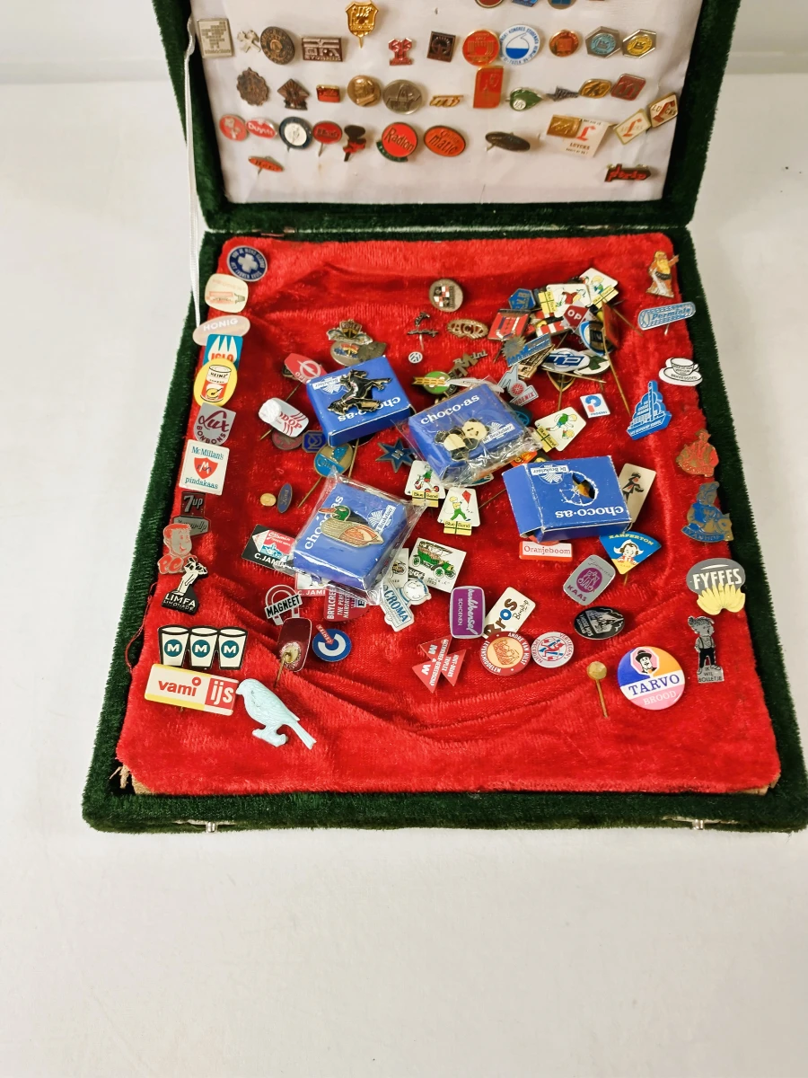 Verzameling vintage speldjes en pins in presentatiekoffer