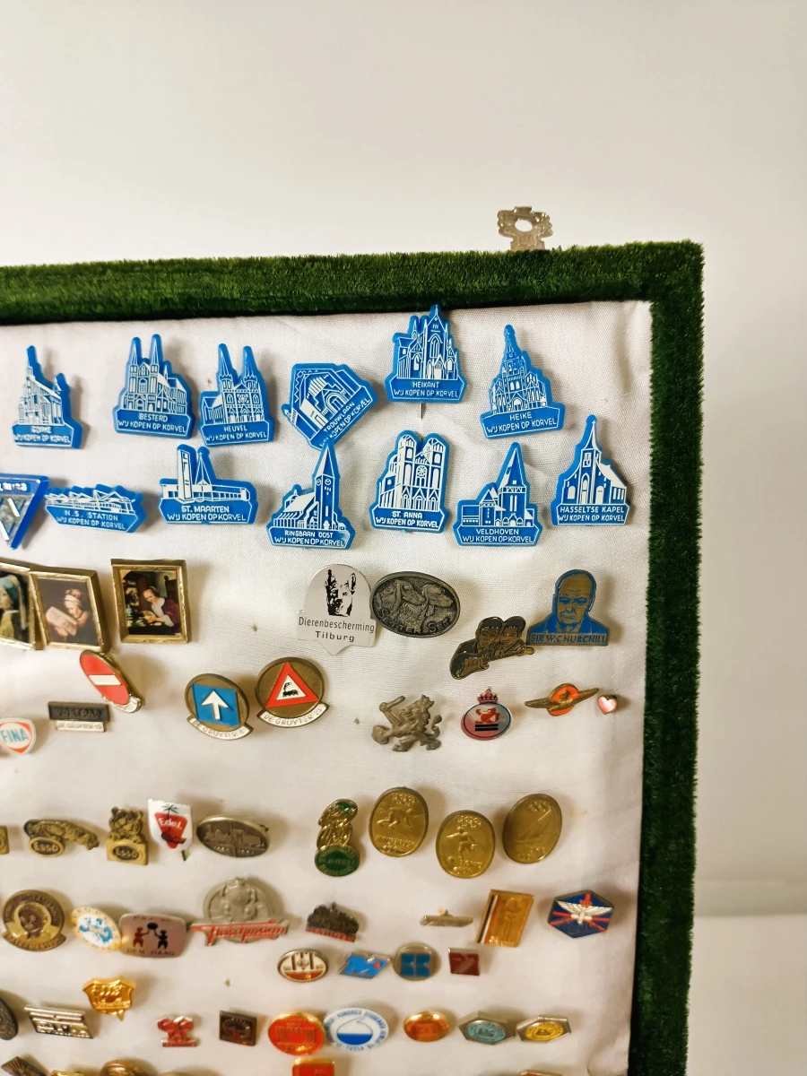 Verzameling vintage speldjes en pins in presentatiekoffer