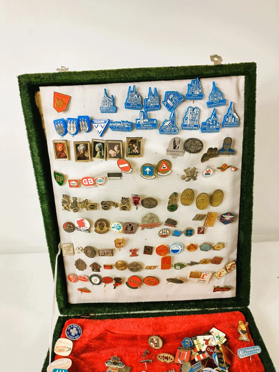 Verzameling vintage speldjes en pins in presentatiekoffer