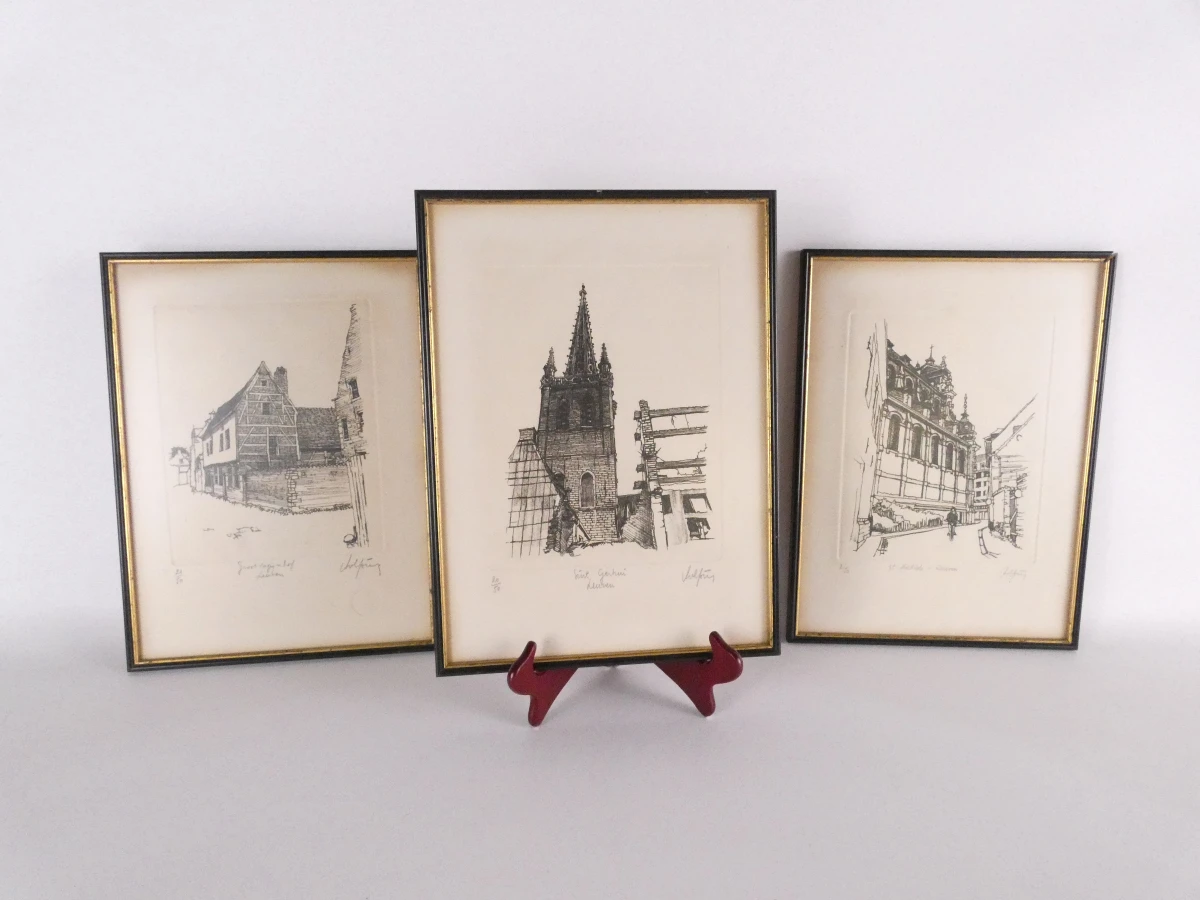 Set van 3 ingelijste etsen van Leuvense gebouwen