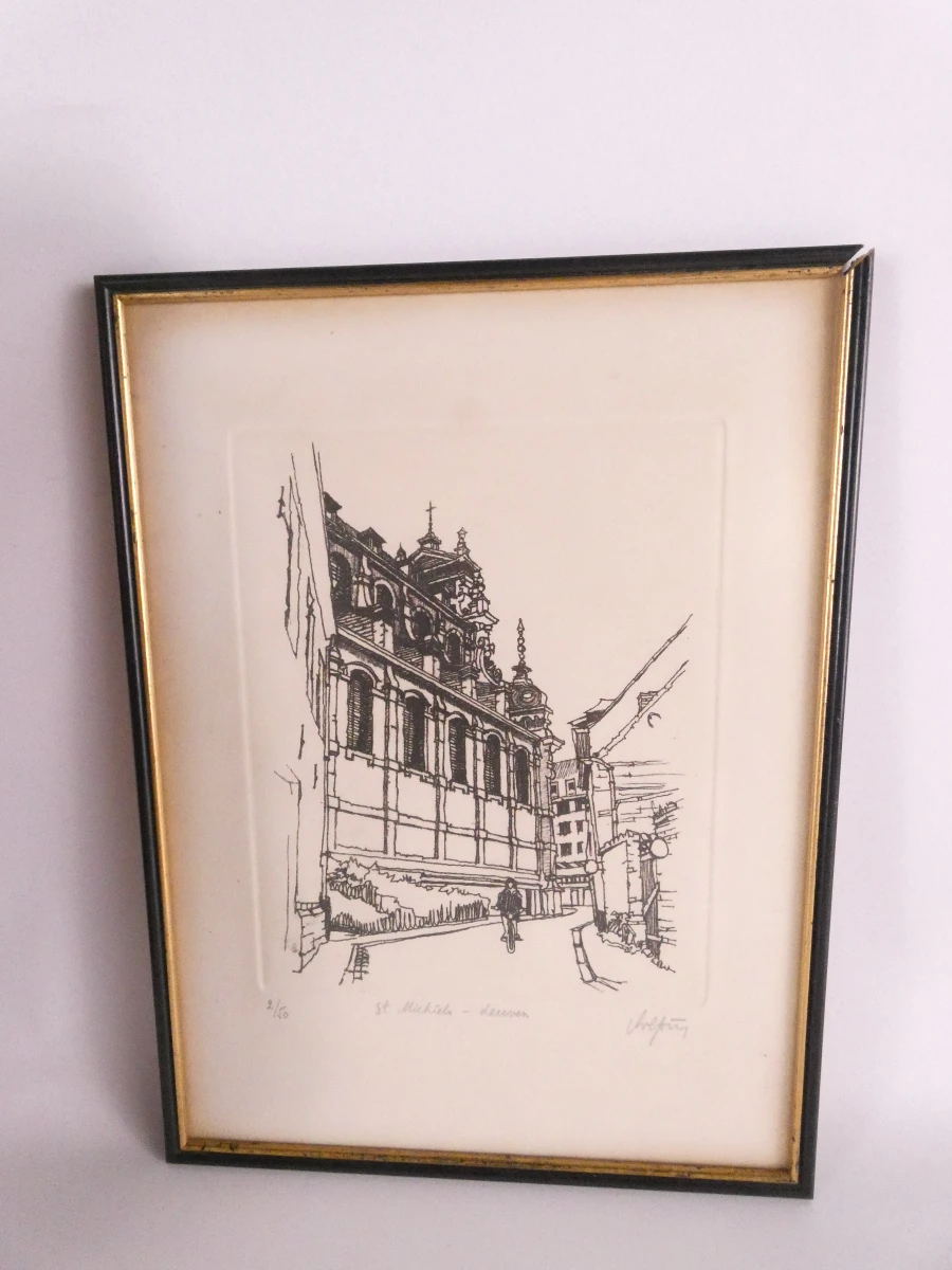 Set van 3 ingelijste etsen van Leuvense gebouwen