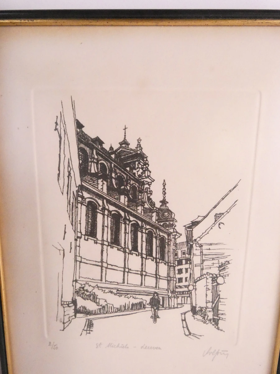 Set van 3 ingelijste etsen van Leuvense gebouwen