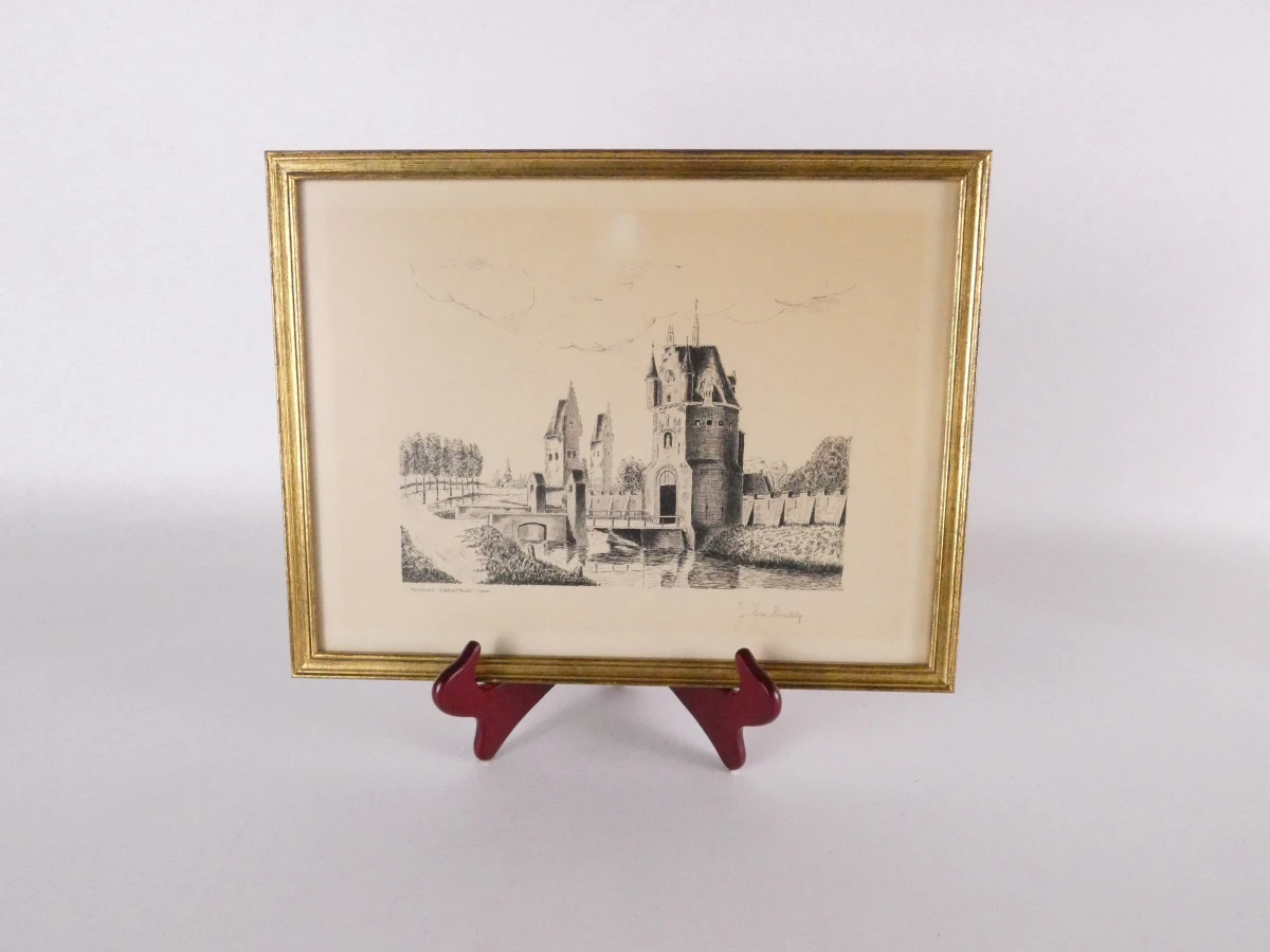 Ingelijste lithografie - Mechelen Kerkhofpoort