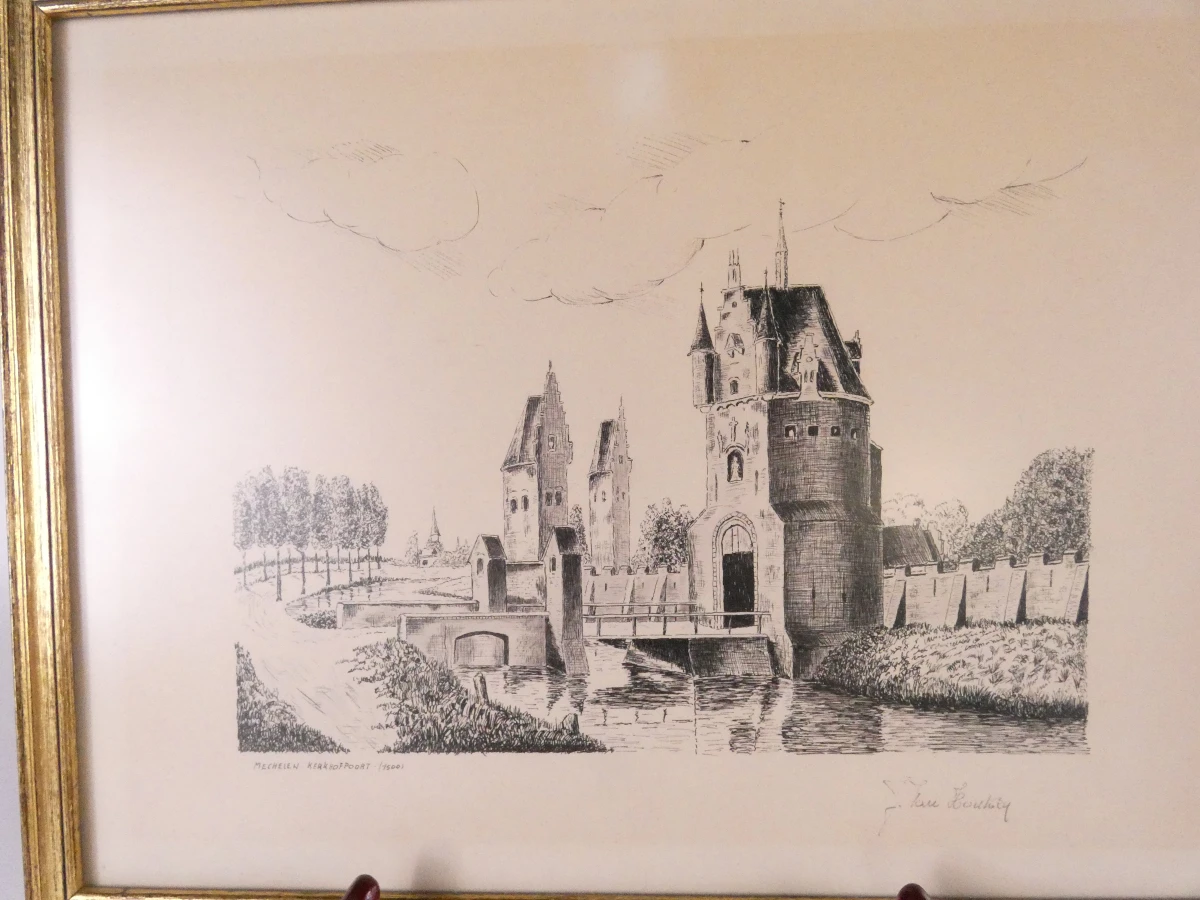 Ingelijste lithografie - Mechelen Kerkhofpoort