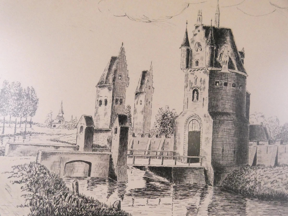 Ingelijste lithografie - Mechelen Kerkhofpoort