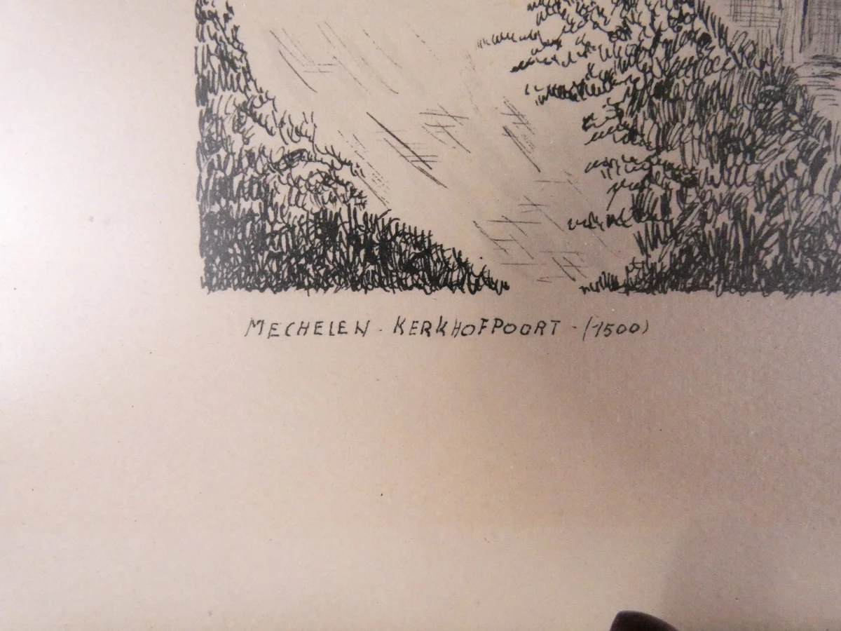 Ingelijste lithografie - Mechelen Kerkhofpoort