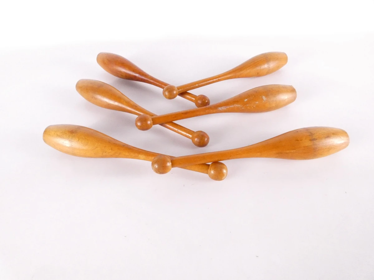 Set van 6 vintage houten Indian clubs / jongleerkegels