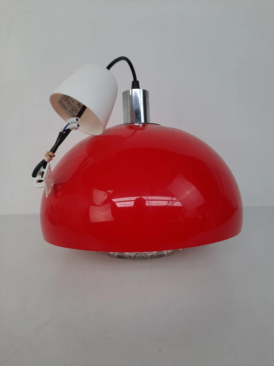 Retro Rode Hanglamp / Koepellamp met Glazen Diffuser – Vintage Look