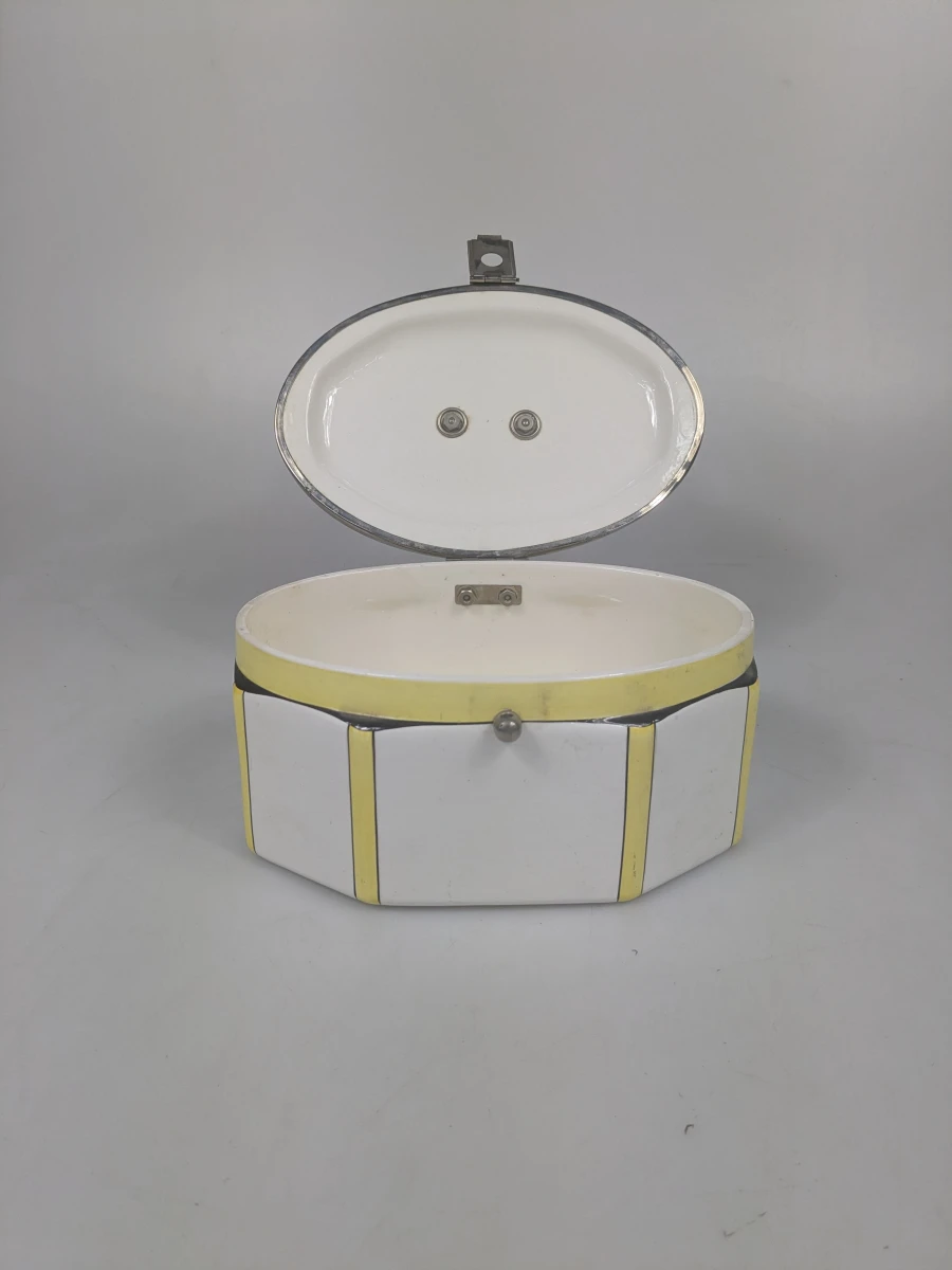 Art Deco keramieken koektrommel met vernikkelde metalen randen