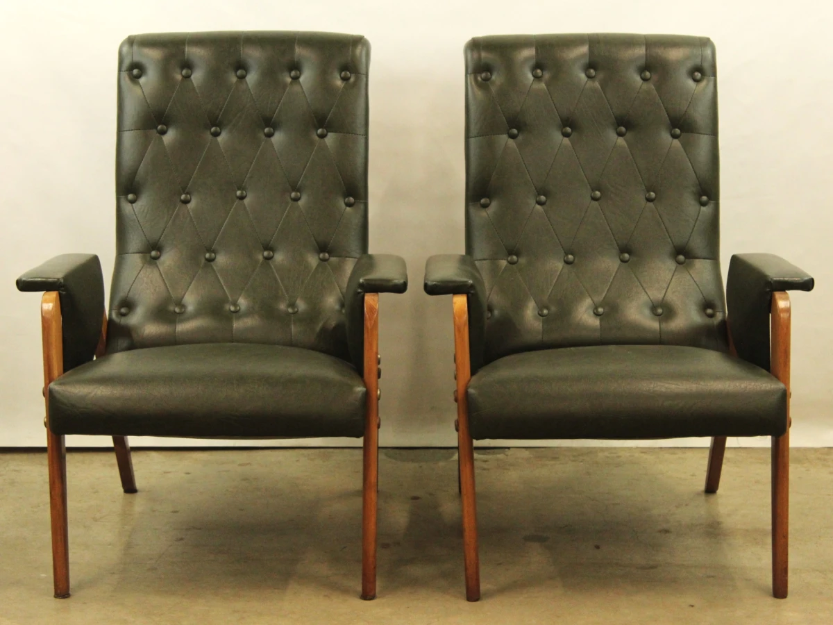 Stijlvol paar vintage fauteuils in olijfgroene skai - jaren ’50/’60 - Lot  3