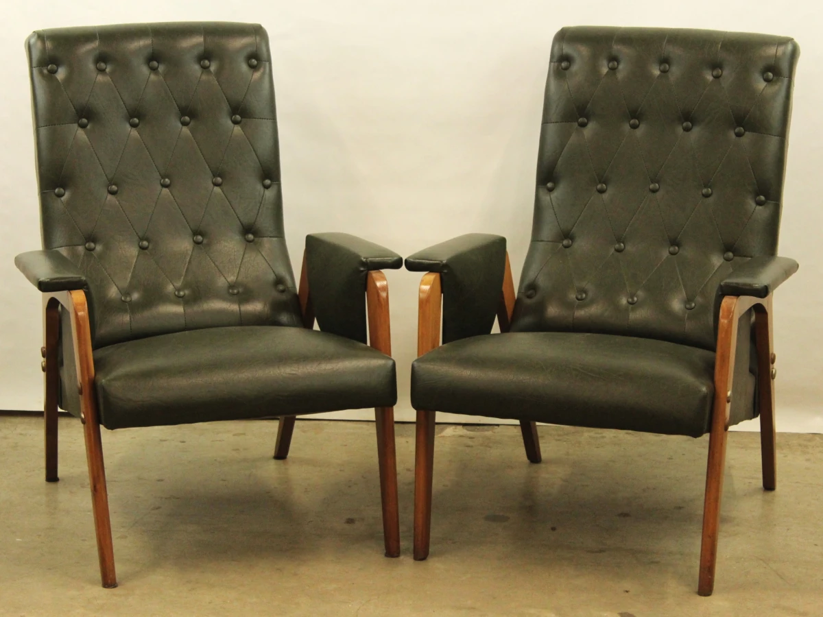 Stijlvol paar vintage fauteuils in olijfgroene skai - jaren ’50/’60 - Lot  3