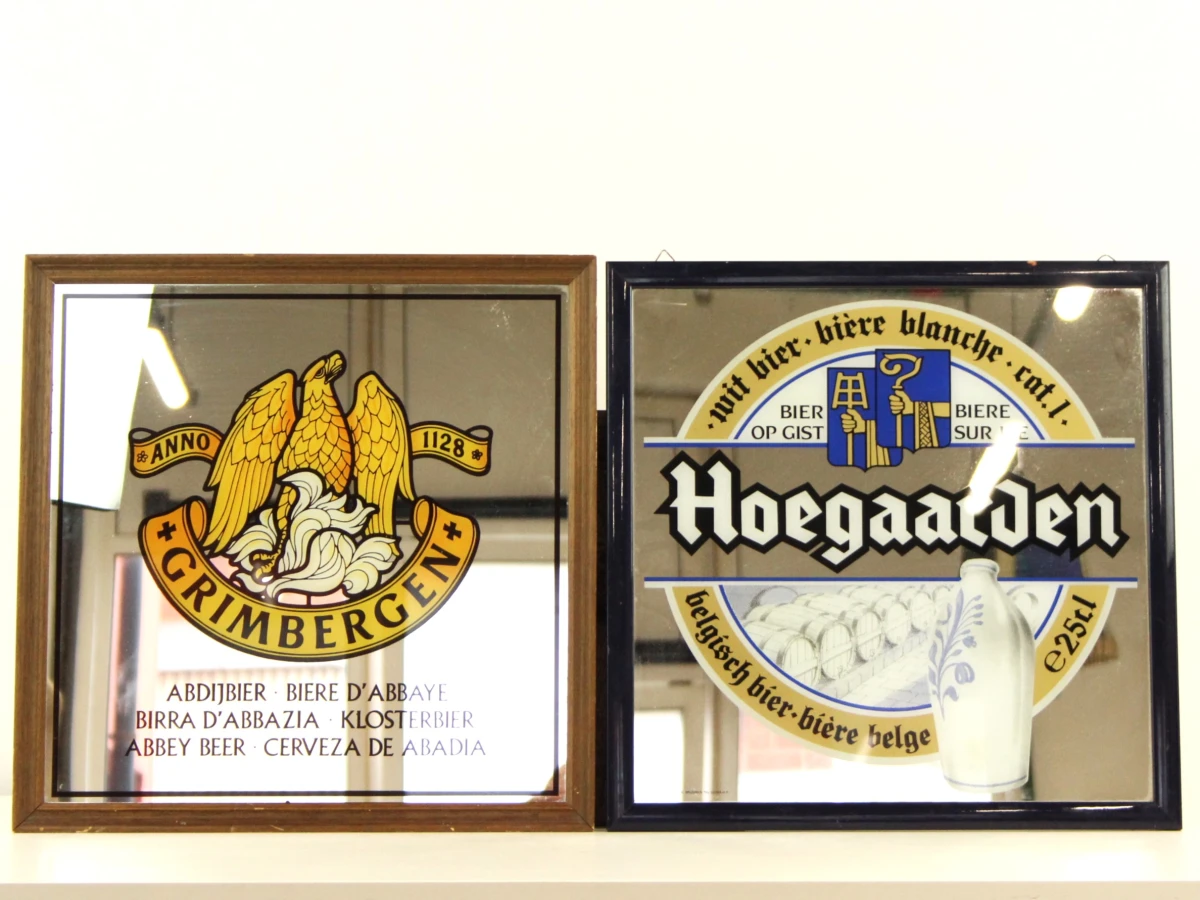 Set van 2 vintage biermerken spiegels Grimbergen en Hoegaarden