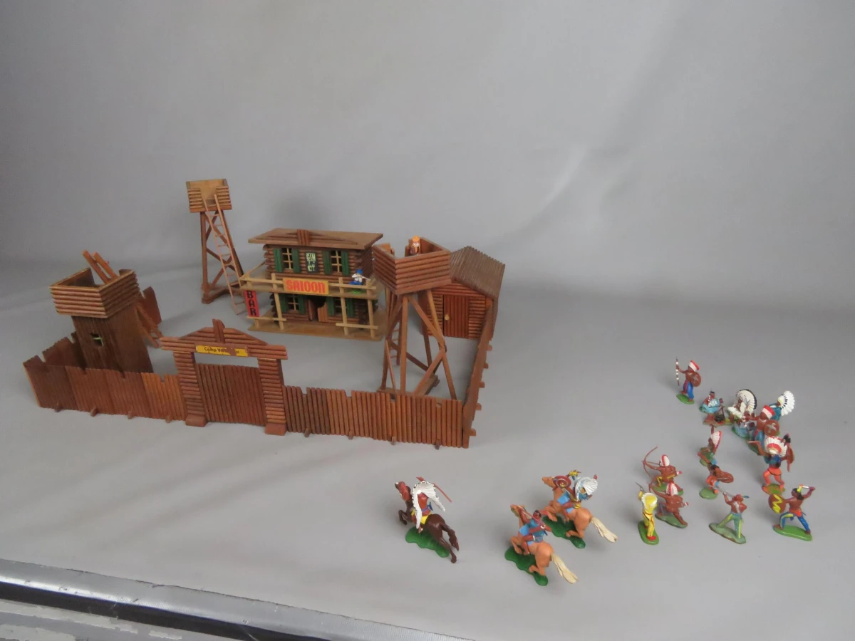 Vintage houten western fort speelset met figuren
