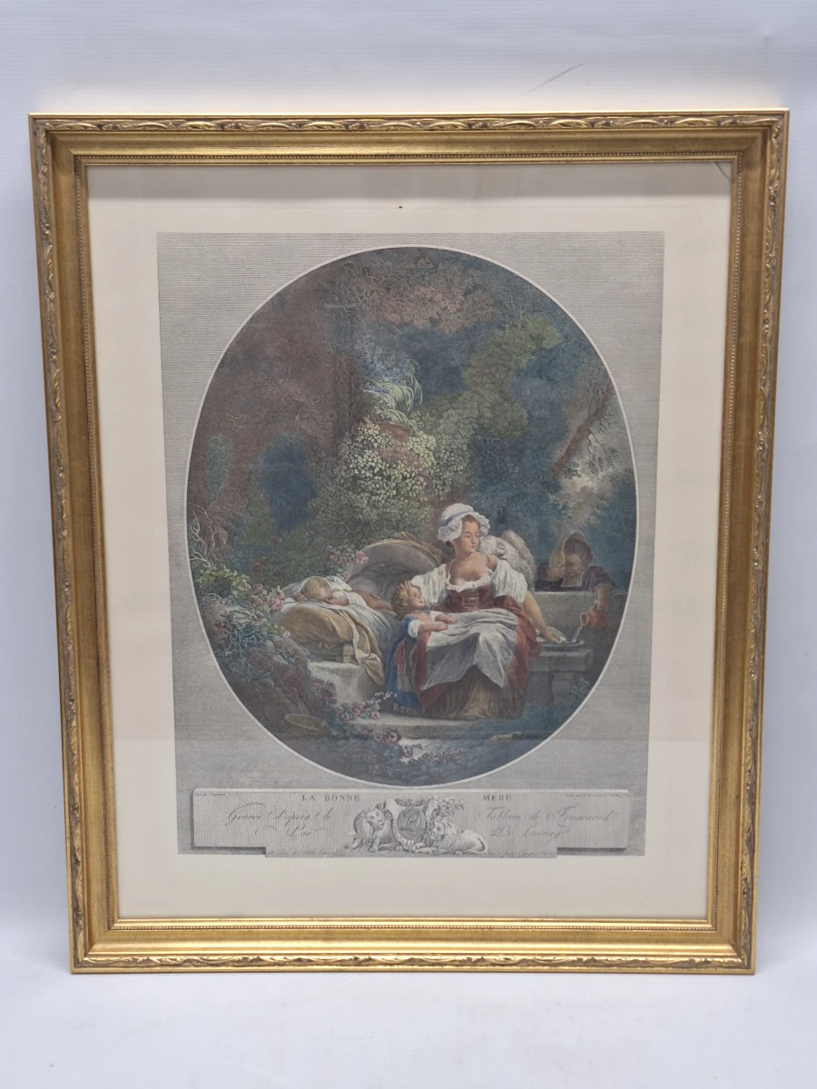 Ingekleurde gravure ‘La Bonne Mère’ - naar Jean-Honoré Fragonard