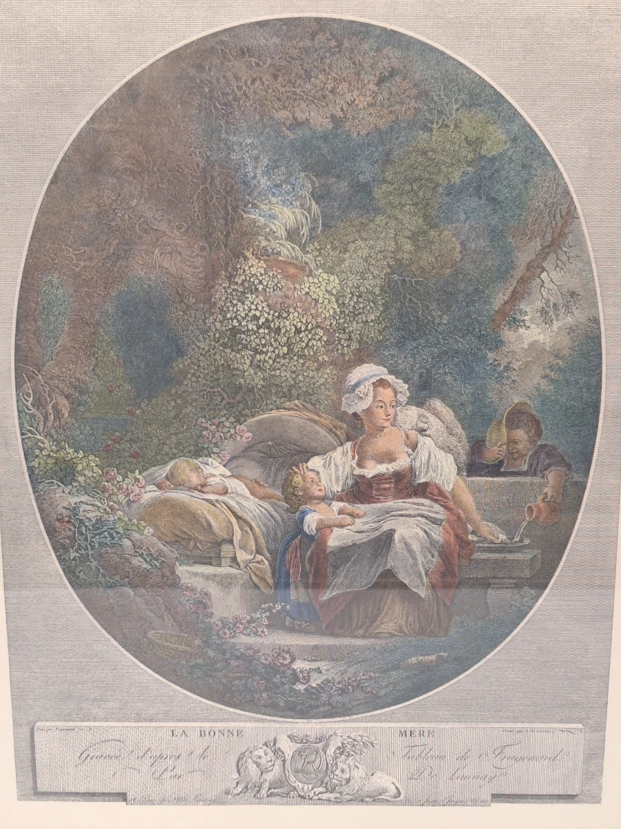 Ingekleurde gravure ‘La Bonne Mère’ - naar Jean-Honoré Fragonard