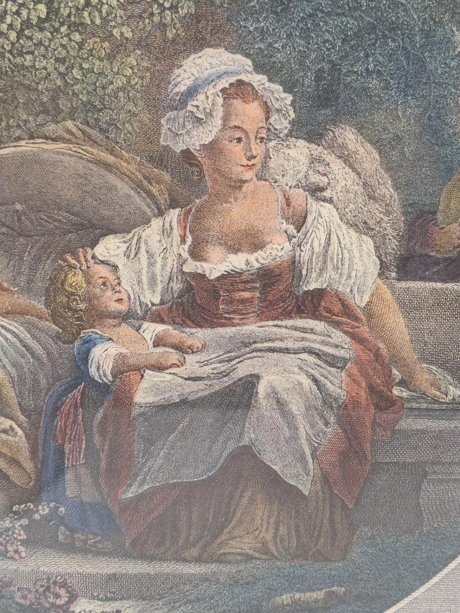 Ingekleurde gravure ‘La Bonne Mère’ - naar Jean-Honoré Fragonard