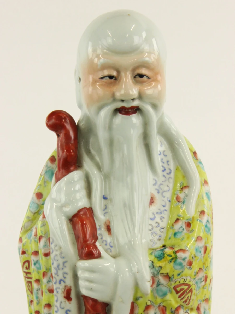 Decoratief porseleinen beeld van oude man met staf