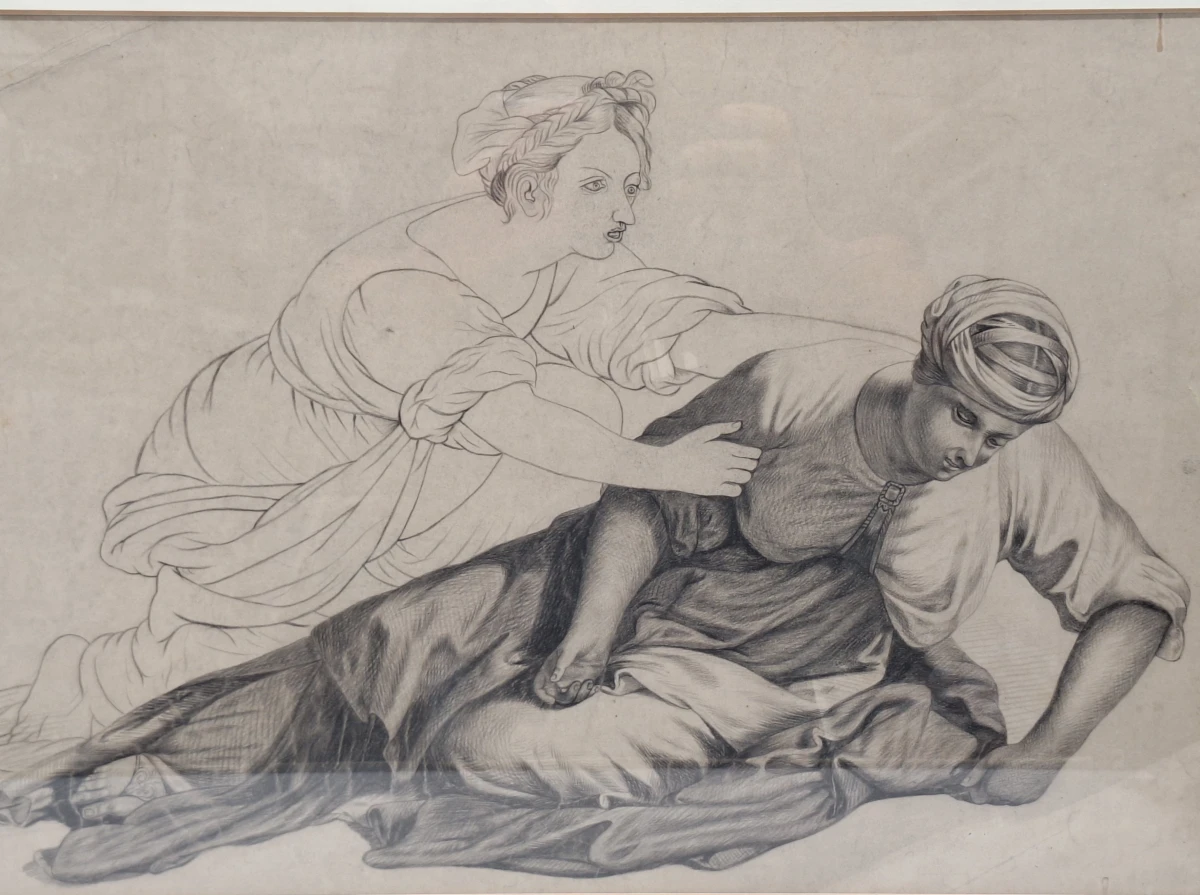 Monumentale academische houtskooltekening met twee vrouwenfiguren