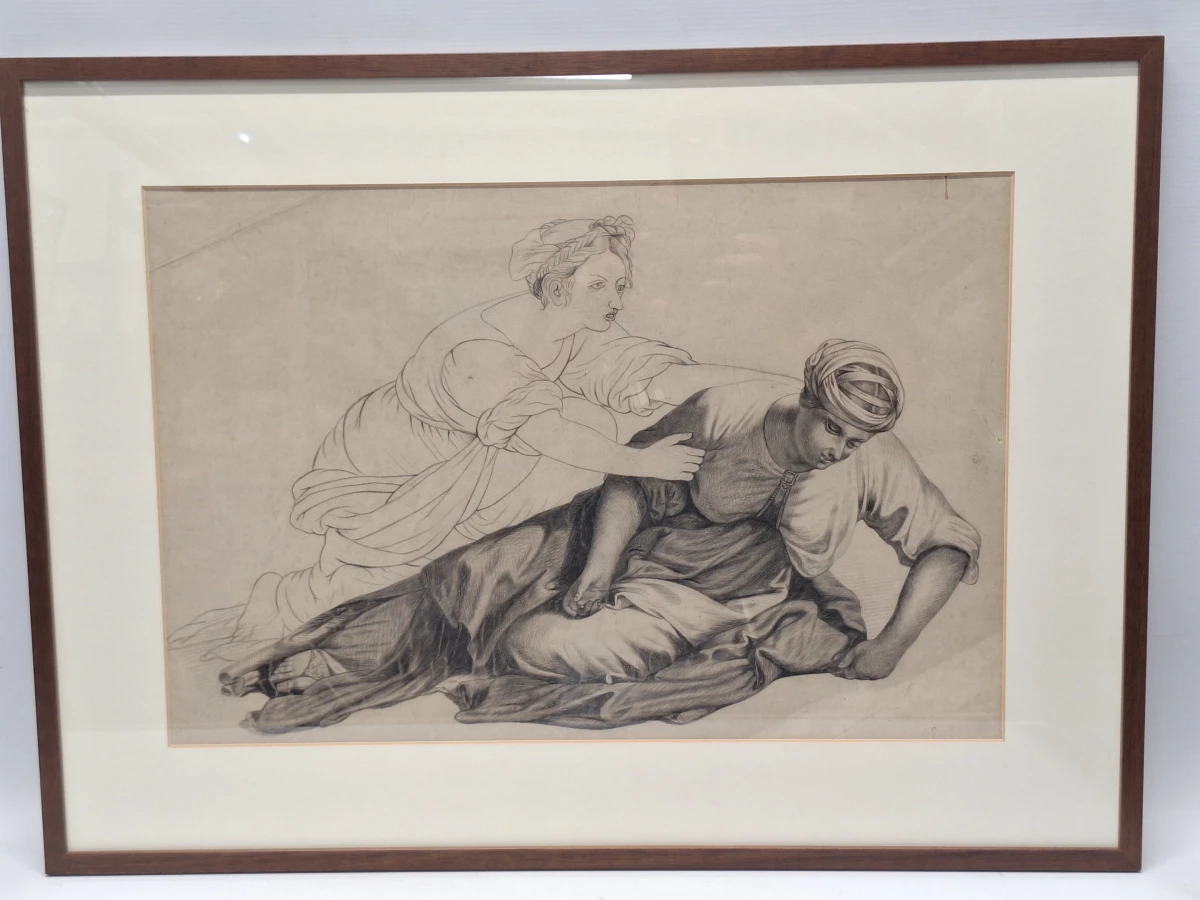 Monumentale academische houtskooltekening met twee vrouwenfiguren