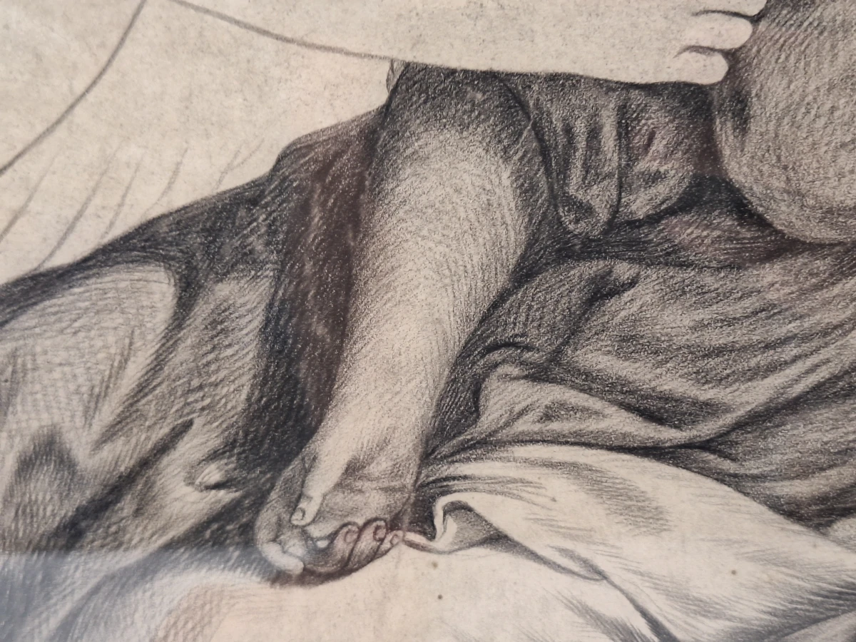 Monumentale academische houtskooltekening met twee vrouwenfiguren