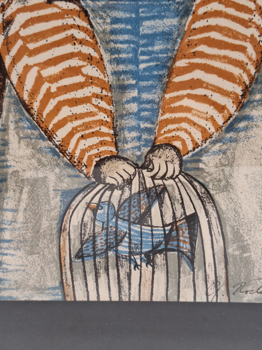 ‘Kind met vogelkooi’ - kleurenlithografie naar Graciela Rodo Boulanger